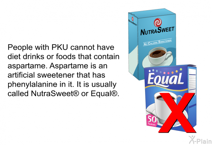 People with PKU cannot have diet drinks or foods that contain aspartame. Aspartame is an artificial sweetener that has phenylalanine in it. It is usually called NutraSweet<SUP> </SUP> or Equal<SUP> </SUP>.