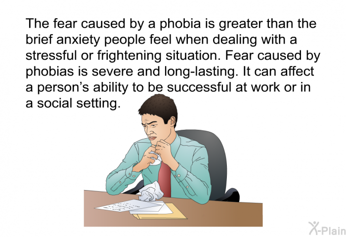 The fear caused by a phobia is greater than the brief anxiety people feel when dealing with a stressful or frightening situation. Fear caused by phobias is severe and long-lasting. It can affect a person's ability to be successful at work or in a social setting.