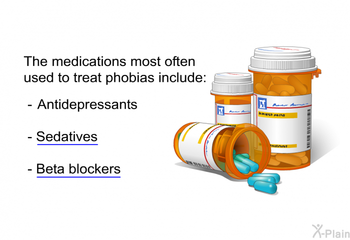 The medications most often used to treat phobias include:  Antidepressants Sedatives Beta blockers
