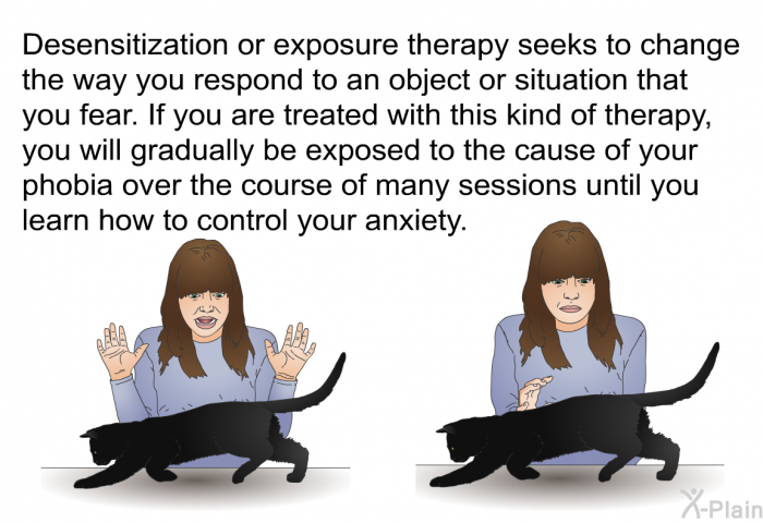 Desensitization or exposure therapy seeks to change the way you respond to an object or situation that you fear. If you are treated with this kind of therapy, you will gradually be exposed to the cause of your phobia over the course of many sessions until you learn how to control your anxiety.