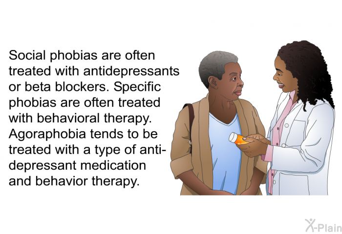 Social phobias are often treated with antidepressants or beta blockers. Specific phobias are often treated with behavioral therapy. Agoraphobia tends to be treated with a type of anti-depressant medication and behavior therapy.