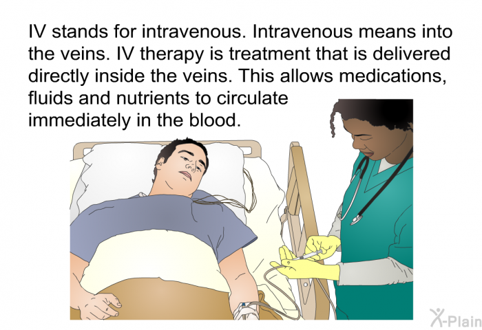IV stands for intravenous. Intravenous means into the veins. IV therapy is treatment that is delivered directly inside the veins. This allows medications, fluids and nutrients to circulate immediately in the blood.