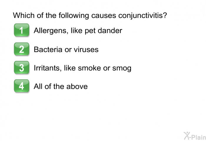 Which of the following causes conjunctivitis? Choose one of the following.  Allergens, like pet dander Bacteria or viruses Irritants, like smoke or smog All of the above