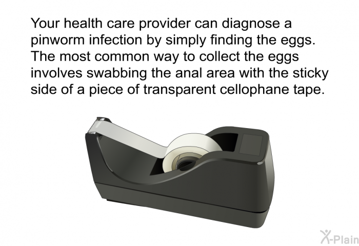Your health care provider can diagnose a pinworm infection by simply finding the eggs. The most common way to collect the eggs involves swabbing the anal area with the sticky side of a piece of transparent cellophane tape.