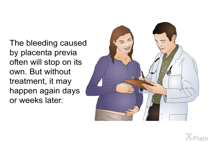 The bleeding caused by placenta previa often will stop on its own. But without treatment, it may happen again days or weeks later.