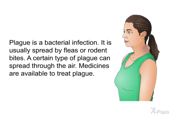 Plague is a bacterial infection. It is usually spread by fleas or rodent bites. A certain type of plague can spread through the air. Medicines are available to treat plague.