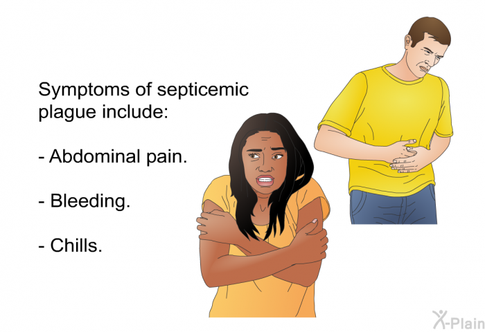 Symptoms of septicemic plague include:  Abdominal pain. Bleeding. Chills.