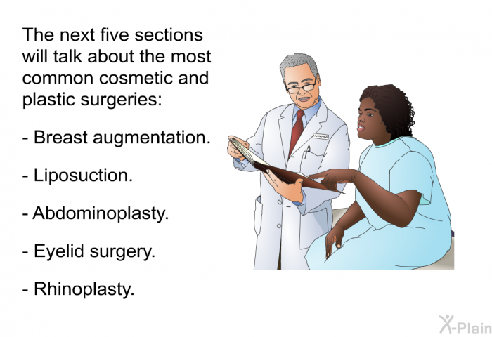 The next five sections will talk about the most common cosmetic and plastic surgeries:  Breast augmentation. Liposuction. Abdominoplasty. Eyelid surgery. Rhinoplasty.