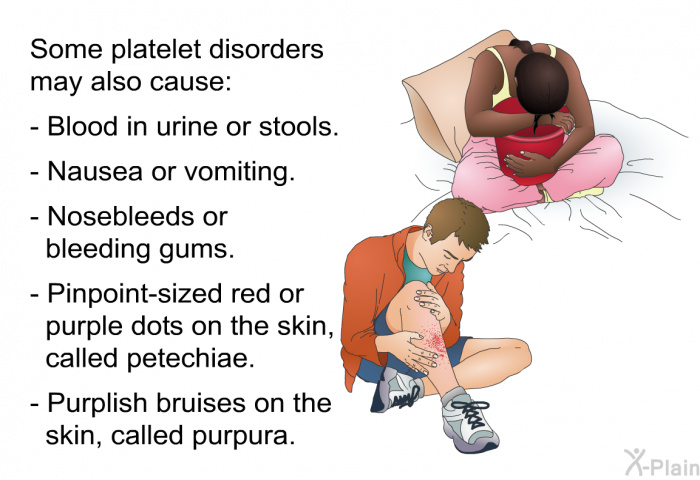 Some platelet disorders may also cause:  Blood in urine or stools. Nausea or vomiting. Nosebleeds or bleeding gums. Pinpoint-sized red or purple dots on the skin, called petechiae. Purplish bruises on the skin, called purpura.