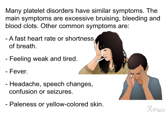 Many platelet disorders have similar symptoms. The main symptoms are excessive bruising, bleeding and blood clots. Other common symptoms are:  A fast heart rate or shortness of breath. Feeling weak and tired. Fever. Headache, speech changes, confusion or seizures. Paleness or yellow-colored skin.