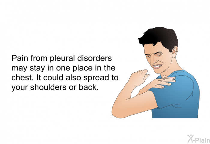 Pain from pleural disorders may stay in one place in the chest. It could also spread to your shoulders or back.