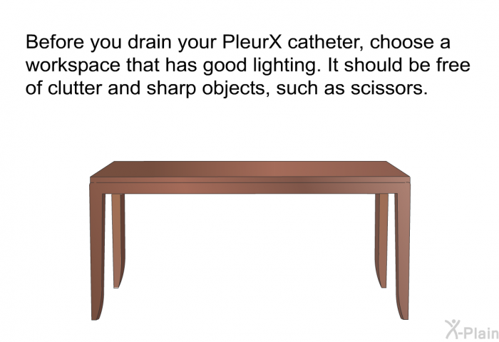 Before you drain your PleurX catheter, choose a workspace that has good lighting. It should be free of clutter and sharp objects, such as scissors.