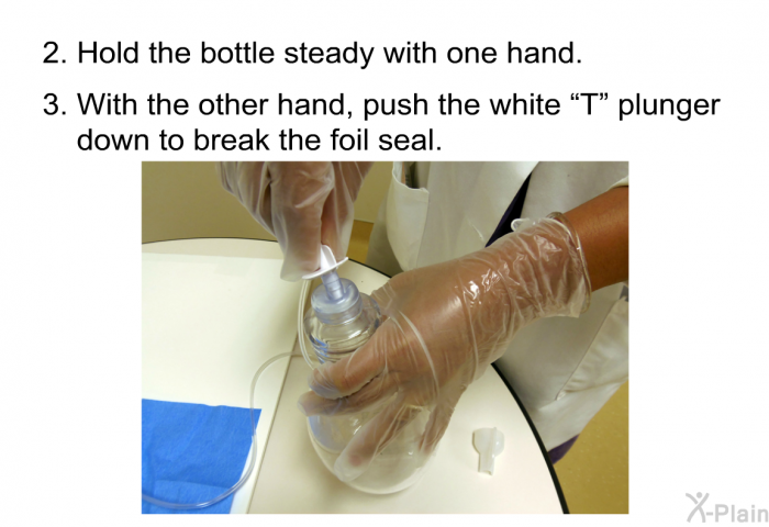 Hold the bottle steady with one hand. With the other hand, push the white “T” plunger down to break the foil seal.