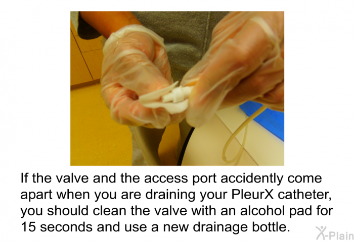 If the valve and the access port accidently come apart when you are draining your PleurX catheter, you should clean the valve with an alcohol pad for 15 seconds and use a new drainage bottle.