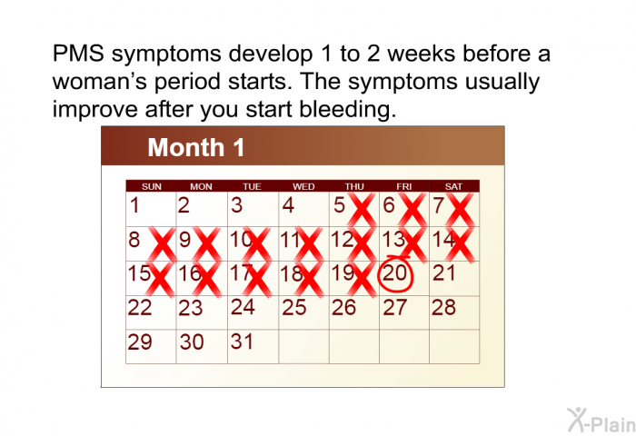 PMS symptoms develop 1 to 2 weeks before a woman's period starts. The symptoms usually improve after you start bleeding.
