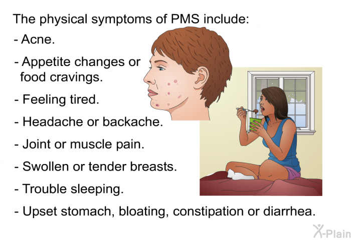The physical symptoms of PMS include:  Acne. Appetite changes or food cravings. Feeling tired. Headache or backache. Joint or muscle pain. Swollen or tender breasts. Trouble sleeping. Upset stomach, bloating, constipation or diarrhea.