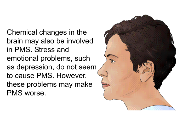 Chemical changes in the brain may also be involved in PMS. Stress and emotional problems, such as depression, do not seem to cause PMS. However, these problems may make PMS worse.