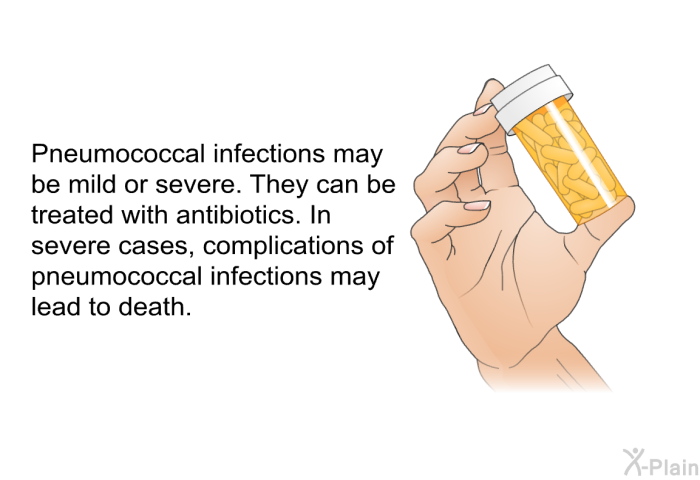 Pneumococcal infections may be mild or severe. They can be treated with antibiotics. In severe cases, complications of pneumococcal infections may lead to death.