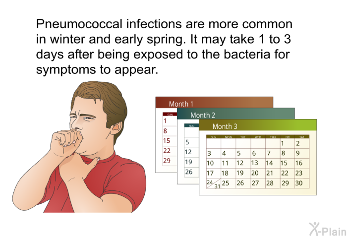 Pneumococcal infections are more common in winter and early spring. It may take 1 to 3 days after being exposed to the bacteria for symptoms to appear.