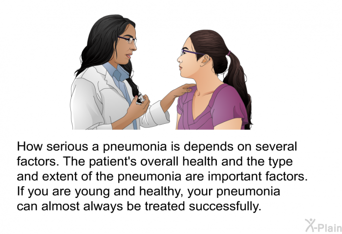 How serious a pneumonia is depends on several factors. The patient's overall health and the type and extent of the pneumonia are important factors. If you are young and healthy, your pneumonia can almost always be treated successfully.