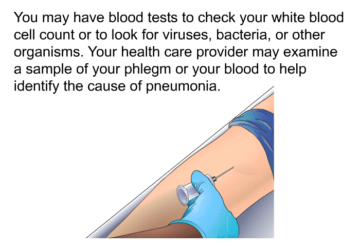 You may have blood tests to check your white blood cell count or to look for viruses, bacteria, or other organisms. Your health care provider may examine a sample of your phlegm or your blood to help identify the cause of pneumonia.