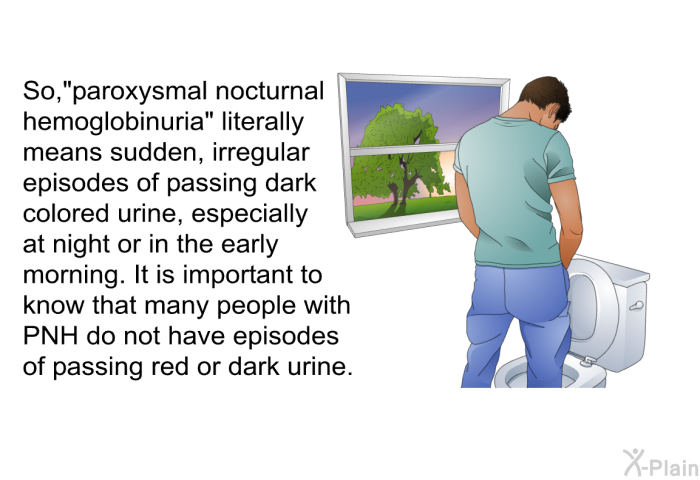 So, “paroxysmal nocturnal hemoglobinuria” literally means sudden, irregular episodes of passing dark colored urine, especially at night or in the early morning. It is important to know that many people with PNH do not have episodes of passing red or dark urine.
