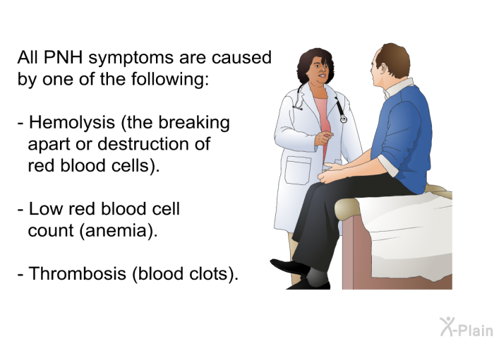 All PNH symptoms are caused by one of the following:  Hemolysis (the breaking apart or destruction of red blood cells). Low red blood cell count (anemia). Thrombosis (blood clots).