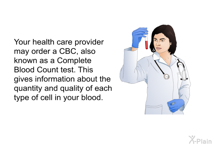 Your health care provider may order a CBC, also known as a Complete Blood Count test. This gives information about the quantity and quality of each type of cell in your blood.