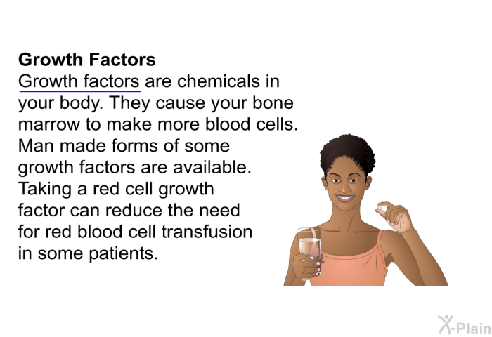 <B>Growth Factors:</B> Growth factors are chemicals in your body. They cause your bone marrow to make more blood cells. Man made forms of some growth factors are available. Taking a red cell growth factor can reduce the need for red blood cell transfusion in some patients.