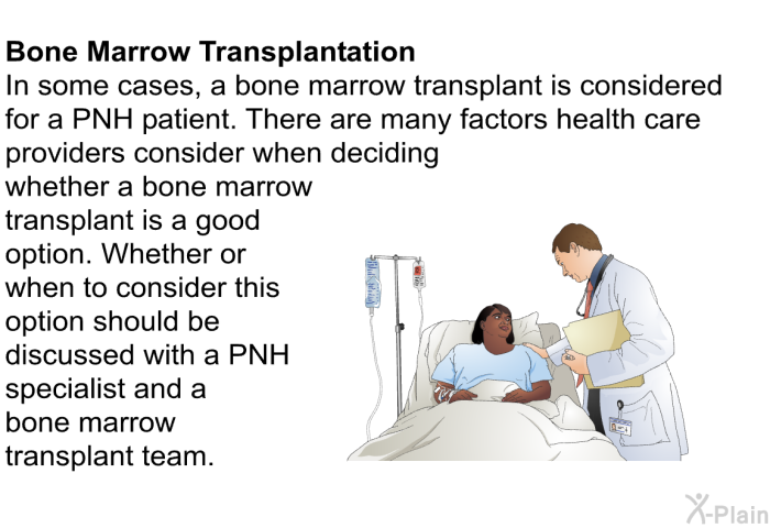 <B>Bone Marrow Transplantation:</B> In some cases, a bone marrow transplant is considered for a PNH patient. There are many factors health care providers consider when deciding whether a bone marrow transplant is a good option. Whether or when to consider this option should be discussed with a PNH specialist and a bone marrow transplant team.