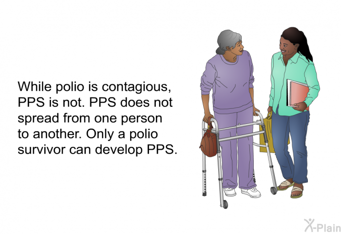While polio is contagious, PPS is not. PPS does not spread from one person to another. Only a polio survivor can develop PPS.