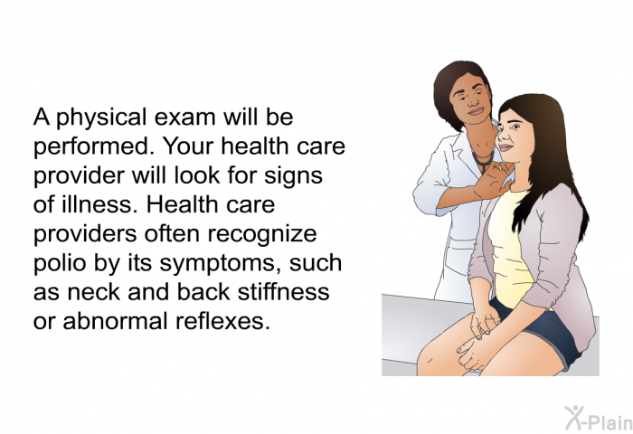 A physical exam will be performed. Your health care provider will look for signs of illness. Health care providers often recognize polio by its symptoms, such as neck and back stiffness or abnormal reflexes.