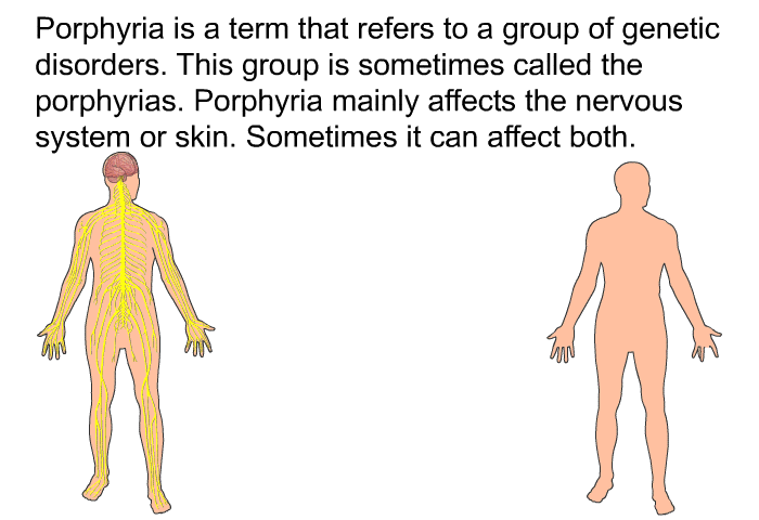 Porphyria is a term that refers to a group of genetic disorders. This group is sometimes called the porphyrias. Porphyria mainly affects the nervous system or skin. Sometimes it can affect both.
