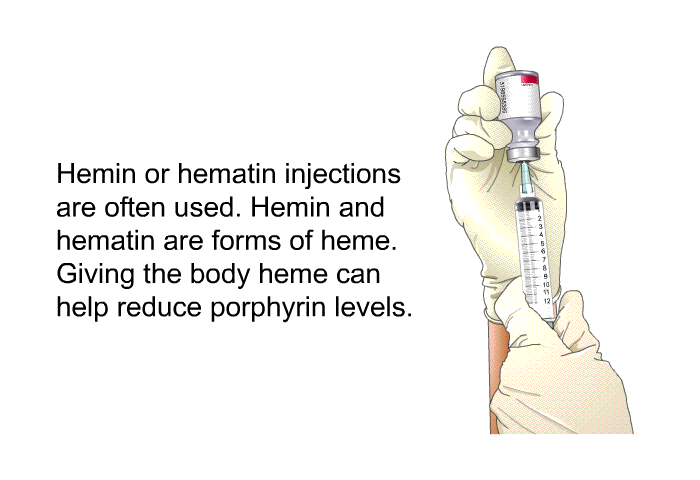 Hemin or hematin injections are often used. Hemin and hematin are forms of heme. Giving the body heme can help reduce porphyrin levels.