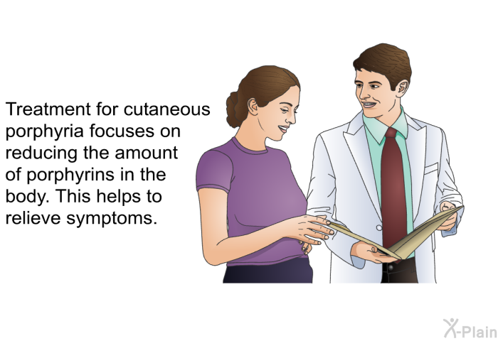 Treatment for cutaneous porphyria focuses on reducing the amount of porphyrins in the body. This helps to relieve symptoms.