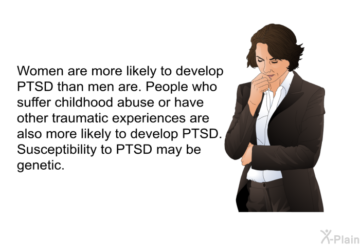 Women are more likely to develop PTSD than men are. People who suffer childhood abuse or have other traumatic experiences are also more likely to develop PTSD. Susceptibility to PTSD may be genetic.