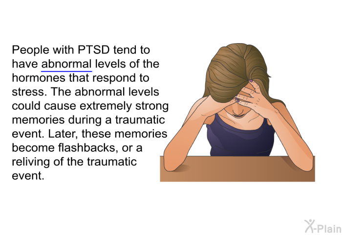 People with PTSD tend to have abnormal levels of the hormones that respond to stress. The abnormal levels could cause extremely strong memories during a traumatic event. Later, these memories become flashbacks, or a reliving of the traumatic event.