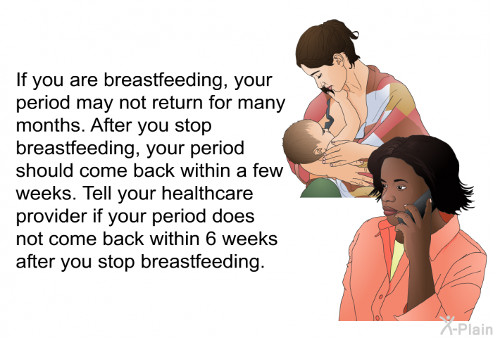 If you are breastfeeding, your period may not return for many months. After you stop breastfeeding, your period should come back within a few weeks. Tell your healthcare provider if your period does not come back within 6 weeks after you stop breastfeeding.