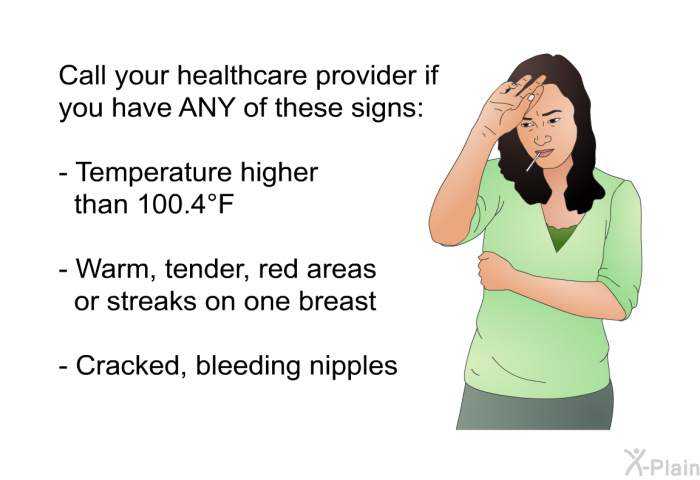 Call your healthcare provider if you have ANY of these signs:  Temperature higher than 100.4&deg;F Warm, tender, red areas or streaks on one breast Cracked, bleeding nipples