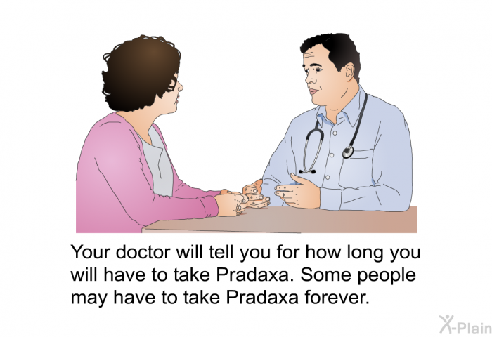 Your doctor will tell you for how long you will have to take Pradaxa. Some people may have to take Pradaxa forever.