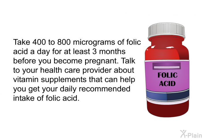 Take 400 to 800 micrograms of folic acid a day for at least 3 months before you become pregnant. Talk to your health care provider about vitamin supplements that can help you get your daily recommended intake of folic acid.