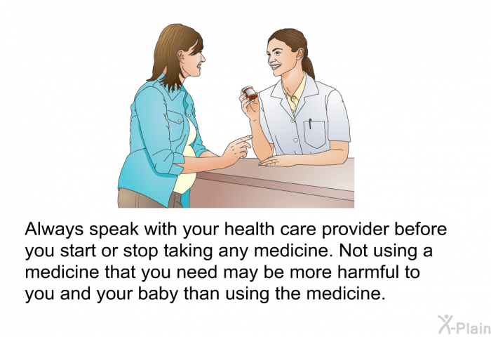 Always speak with your health care provider before you start or stop taking any medicine. Not using a medicine that you need may be more harmful to you and your baby than using the medicine.