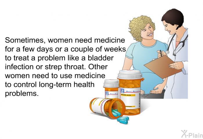 Sometimes, women need medicine for a few days or a couple of weeks to treat a problem like a bladder infection or strep throat. Other women need to use medicine to control long-term health problems.