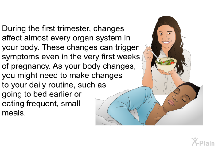 During the first trimester, changes affect almost every organ system in your body. These changes can trigger symptoms even in the very first weeks of pregnancy. As your body changes, you might need to make changes to your daily routine, such as going to bed earlier or eating frequent, small meals.