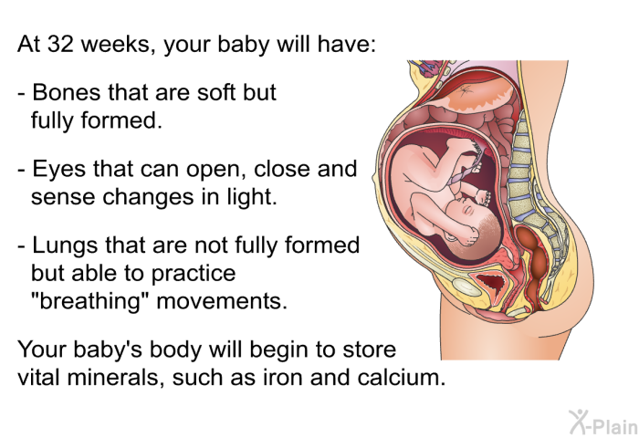 At 32 weeks, your baby will have:  Bones that are soft but fully formed. Eyes that can open, close and sense changes in light. Lungs that are not fully formed but able to practice "breathing" movements.  
 Your baby's body will begin to store vital minerals, such as iron and calcium.