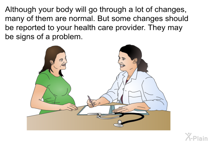 Although your body will go through a lot of changes, many of them are normal. But some changes should be reported to your health care provider. They may be signs of a problem.