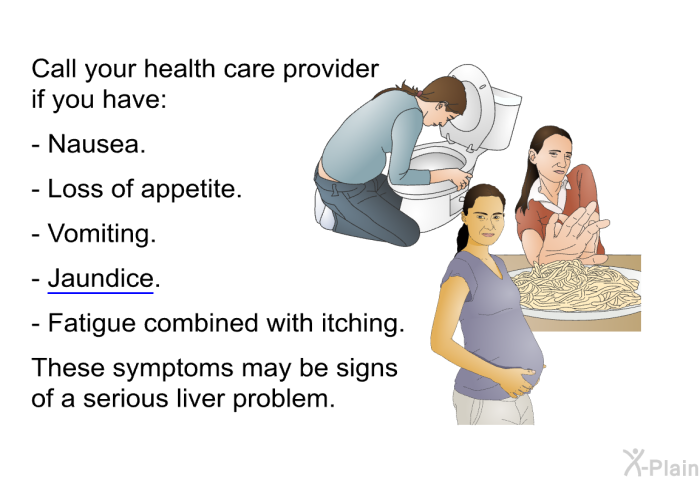 Call your health care provider if you have:  Nausea. Loss of appetite. Vomiting. Jaundice. Fatigue combined with itching.  
 These symptoms may be signs of a serious liver problem.