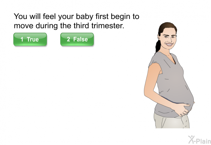 You will feel your baby first begin to move during the third trimester. Select True or False.