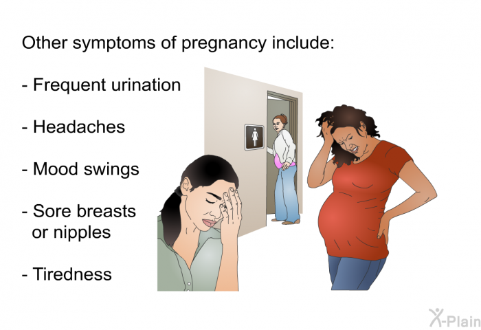 Other symptoms of pregnancy include:  Frequent urination Headaches Mood swings Sore breasts or nipples Tiredness