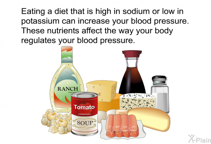 Eating a diet that is high in sodium or low in potassium can increase your blood pressure. These nutrients affect the way your body regulates your blood pressure.